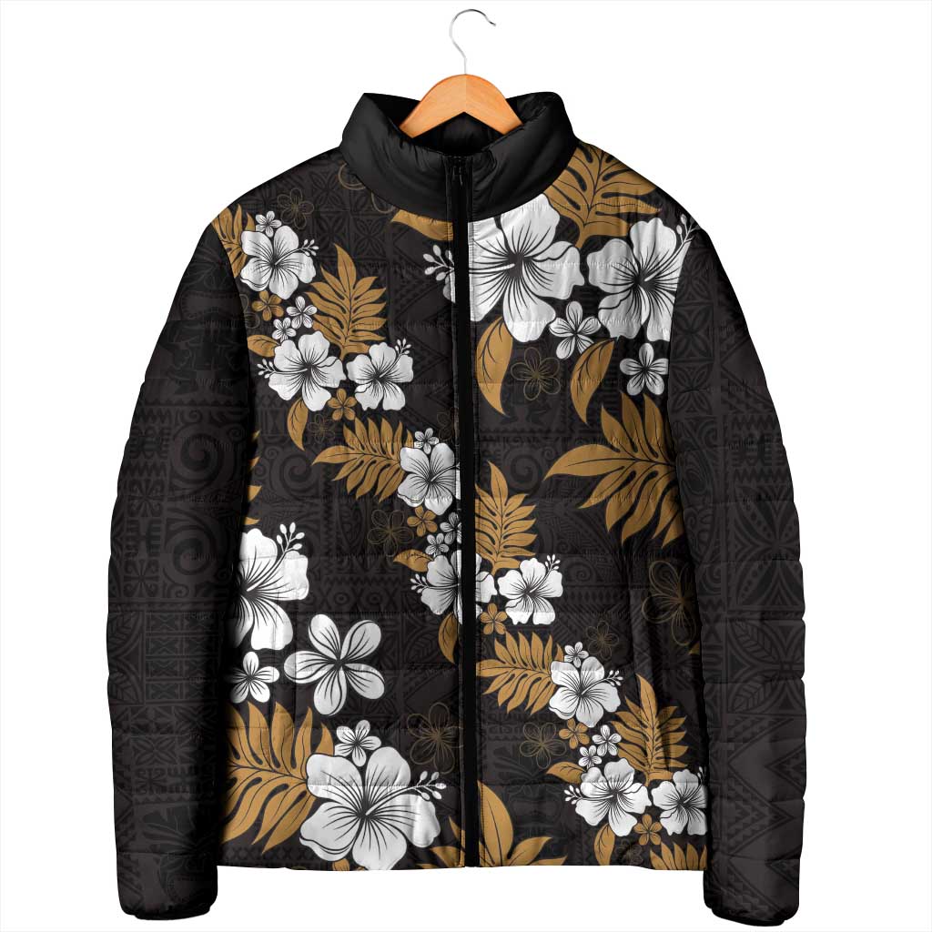 Hawaiian Hibiscus Tribal Floral Brown Padded Jacket Polynesian Tapa Pattern - Polynesian Pride