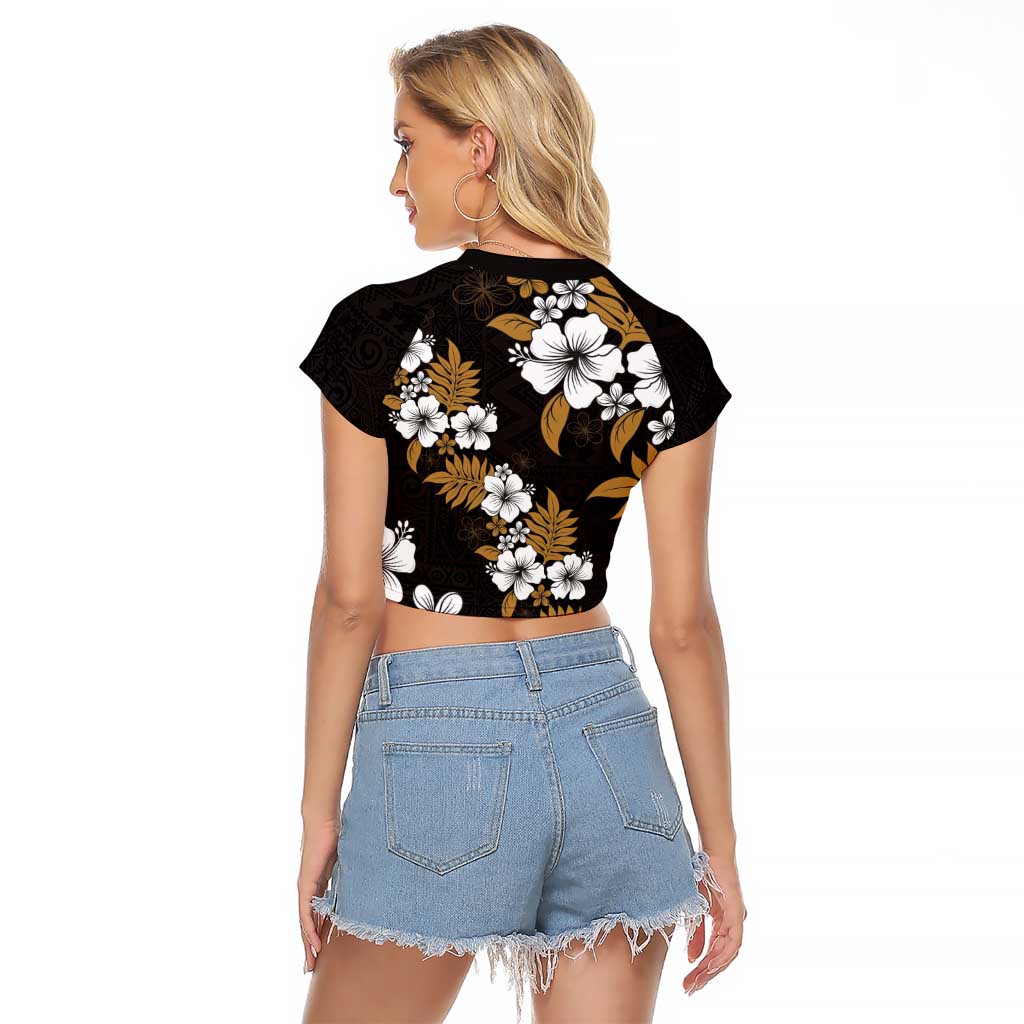 Hawaiian Hibiscus Tribal Floral Brown Raglan Cropped T Shirt Polynesian Tapa Pattern - Polynesian Pride