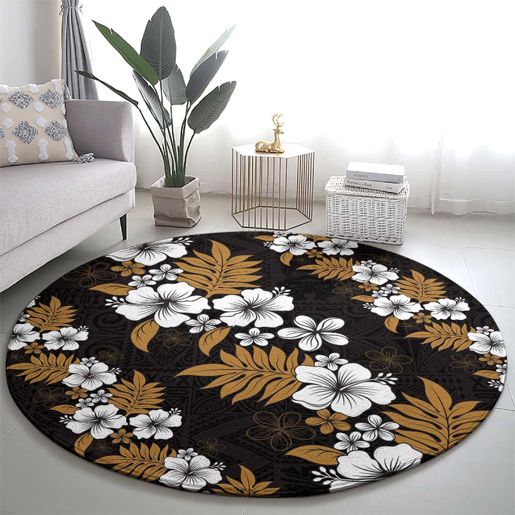 Hawaiian Hibiscus Tribal Floral Brown Round Carpet Polynesian Tapa Pattern - Polynesian Pride