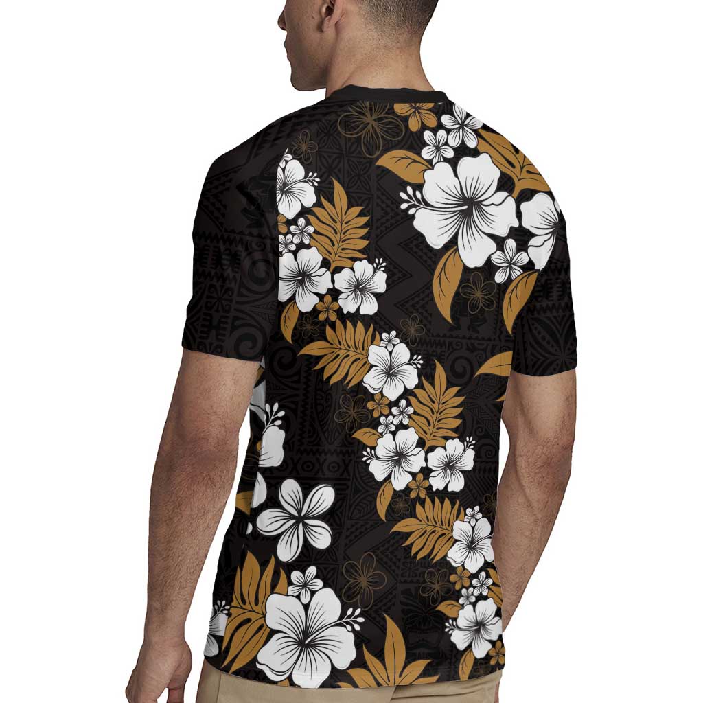 Hawaiian Hibiscus Tribal Floral Brown Rugby Jersey Polynesian Tapa Pattern LT01 - Polynesian Pride