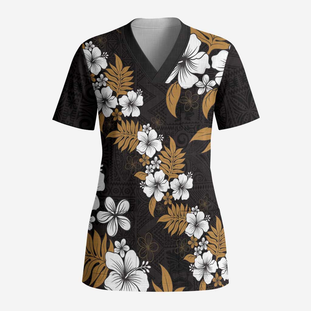 Hawaiian Hibiscus Tribal Floral Brown Scrub Top Polynesian Tapa Pattern - Polynesian Pride