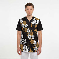 Hawaiian Hibiscus Tribal Floral Brown Scrub Top Polynesian Tapa Pattern - Polynesian Pride