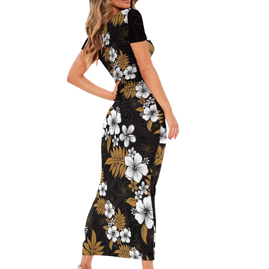 Hawaiian Hibiscus Tribal Floral Brown Short Sleeve Bodycon Dress Polynesian Tapa Pattern - Polynesian Pride