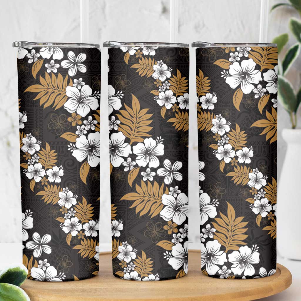 Hawaiian Hibiscus Tribal Floral Brown Skinny Tumbler Polynesian Tapa Pattern - Polynesian Pride