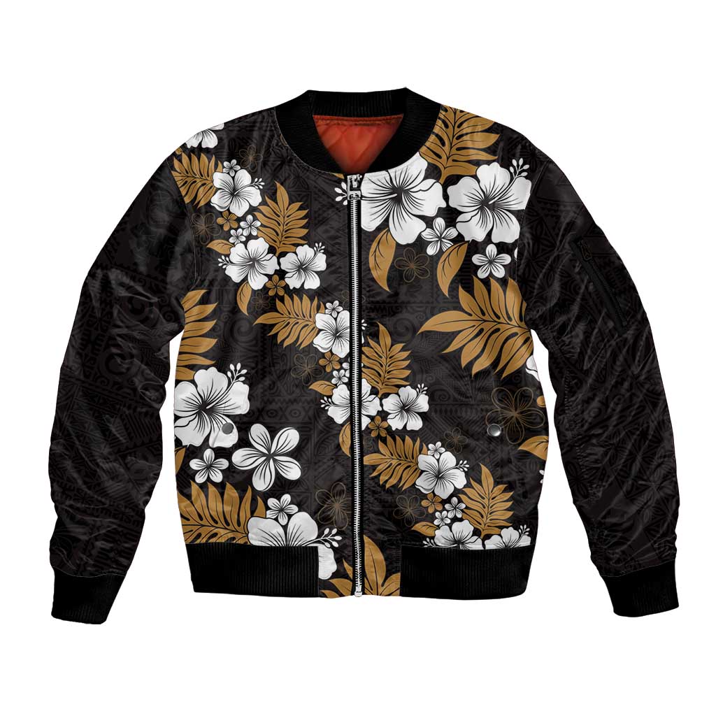 Hawaiian Hibiscus Tribal Floral Brown Sleeve Zip Bomber Jacket Polynesian Tapa Pattern - Polynesian Pride