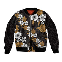 Hawaiian Hibiscus Tribal Floral Brown Sleeve Zip Bomber Jacket Polynesian Tapa Pattern - Polynesian Pride