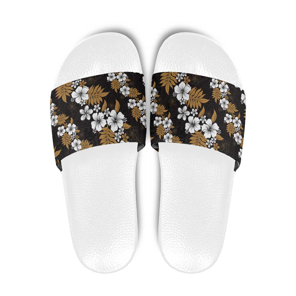 Hawaiian Hibiscus Tribal Floral Brown Slide Sandals Polynesian Tapa Pattern - Polynesian Pride