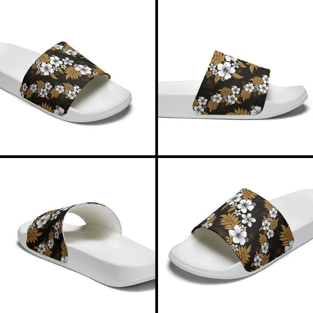 Hawaiian Hibiscus Tribal Floral Brown Slide Sandals Polynesian Tapa Pattern - Polynesian Pride