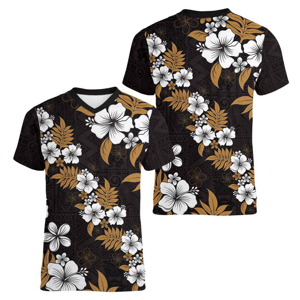 Hawaiian Hibiscus Tribal Floral Brown Women V-Neck T-Shirt Polynesian Tapa Pattern - Polynesian Pride