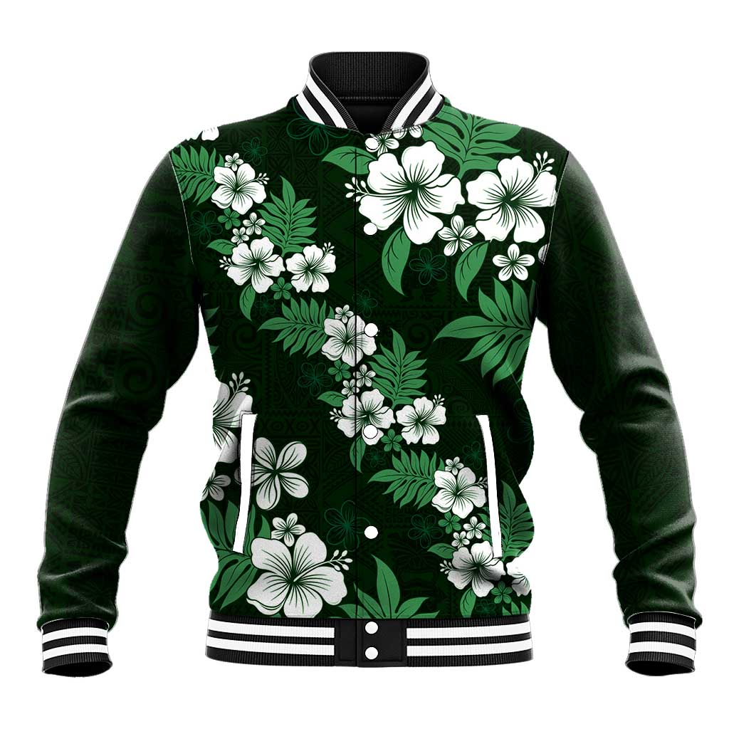 Hawaiian Hibiscus Tribal Floral Green Baseball Jacket Polynesian Tapa Pattern LT01 Unisex Green - Polynesian Pride