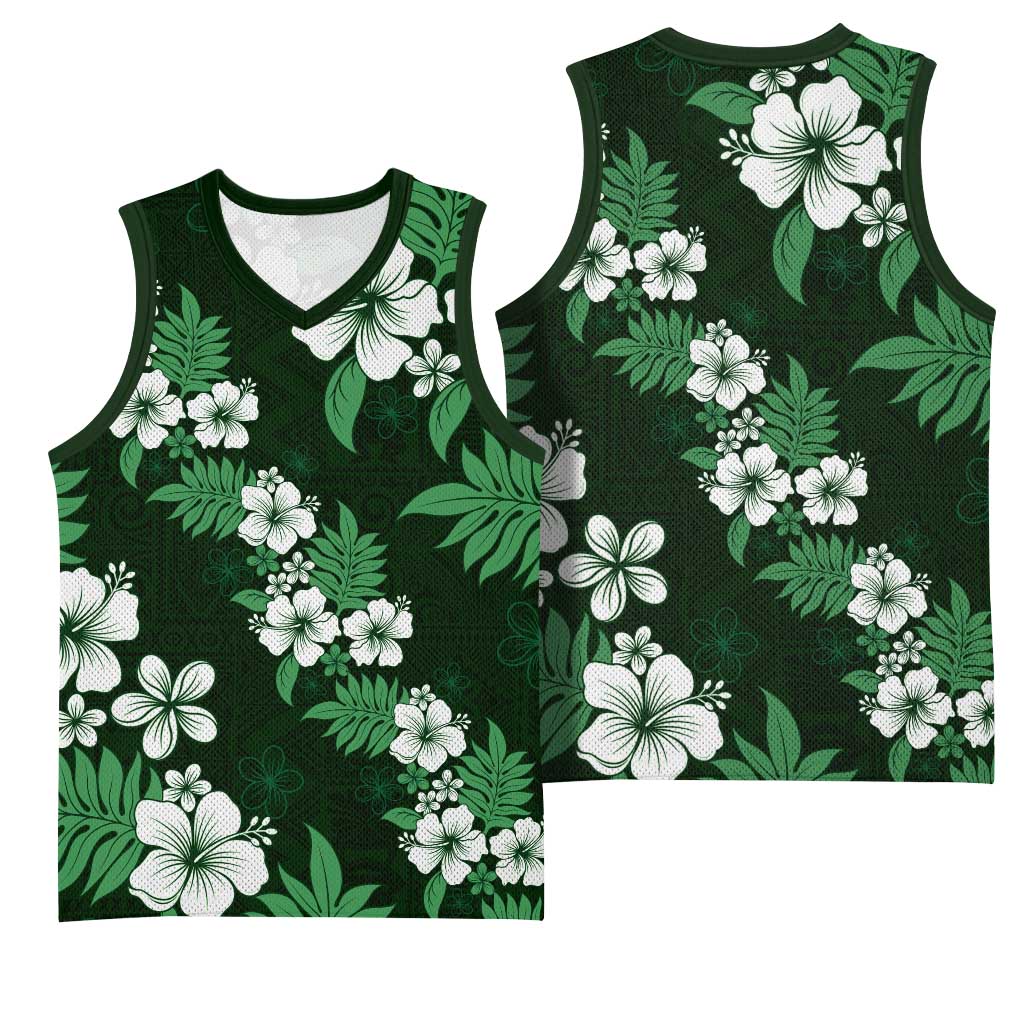 Hawaiian Hibiscus Tribal Floral Green Basketball Jersey Polynesian Tapa Pattern - Polynesian Pride