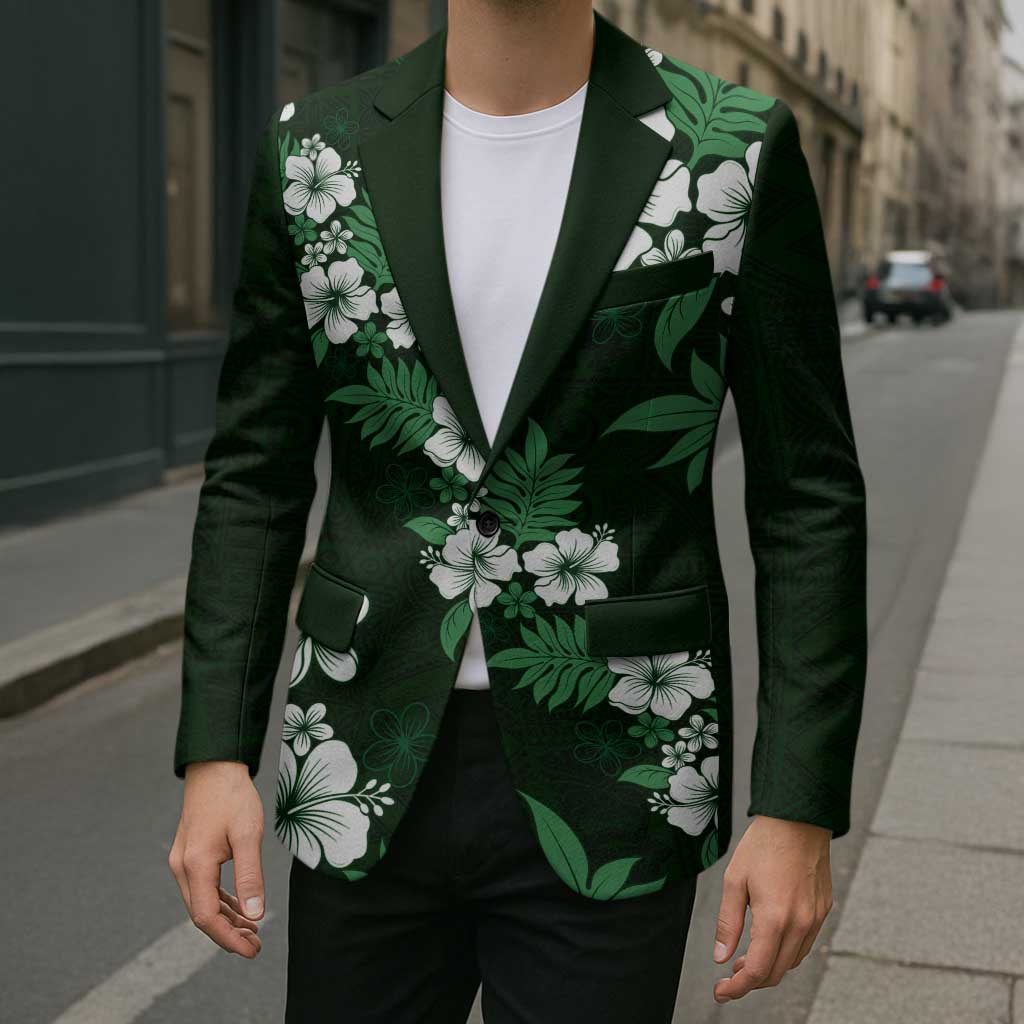 Hawaiian Hibiscus Tribal Floral Green Blazer Polynesian Tapa Pattern - Polynesian Pride