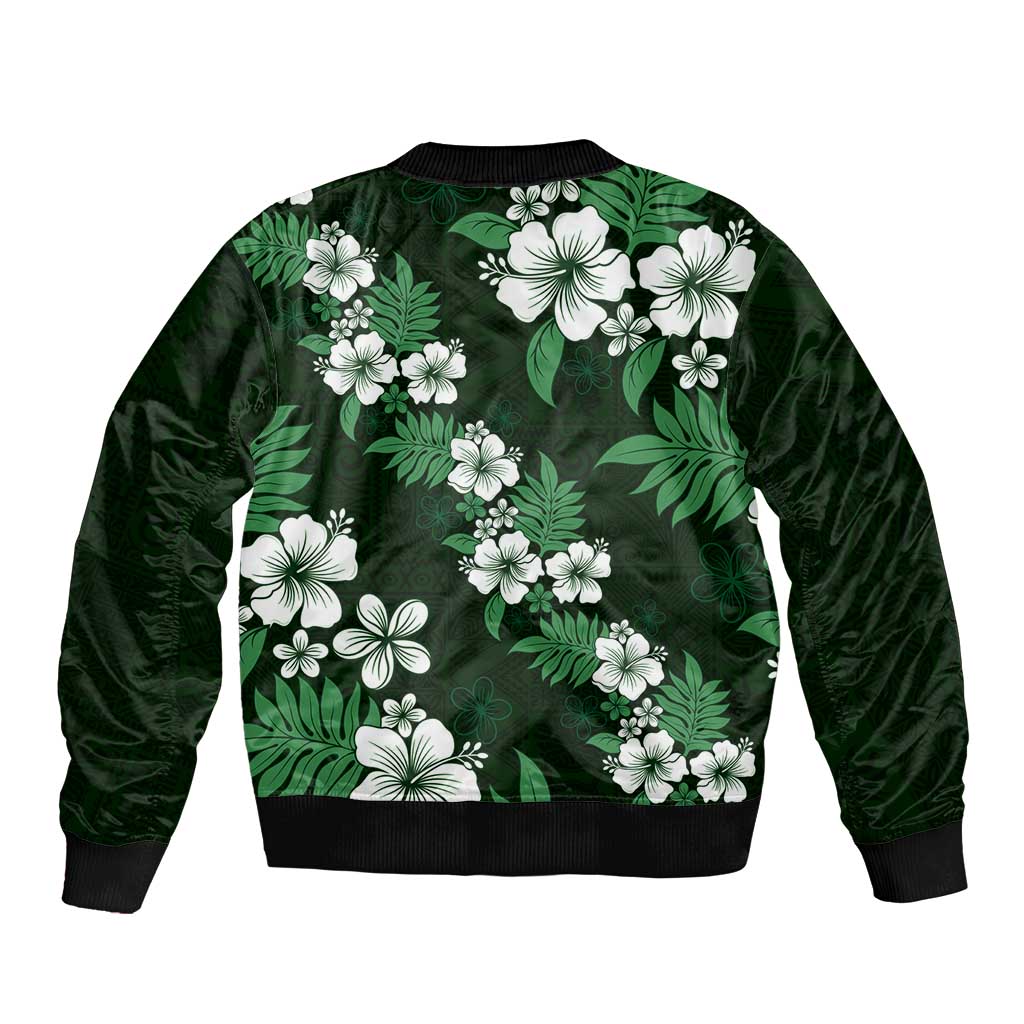Hawaiian Hibiscus Tribal Floral Green Bomber Jacket Polynesian Tapa Pattern - Polynesian Pride