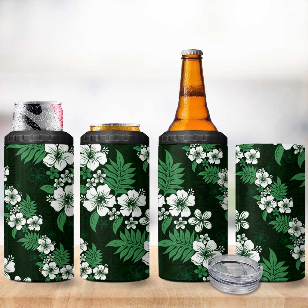 Hawaiian Hibiscus Tribal Floral Green 4 in 1 Can Cooler Tumbler Polynesian Tapa Pattern - Polynesian Pride