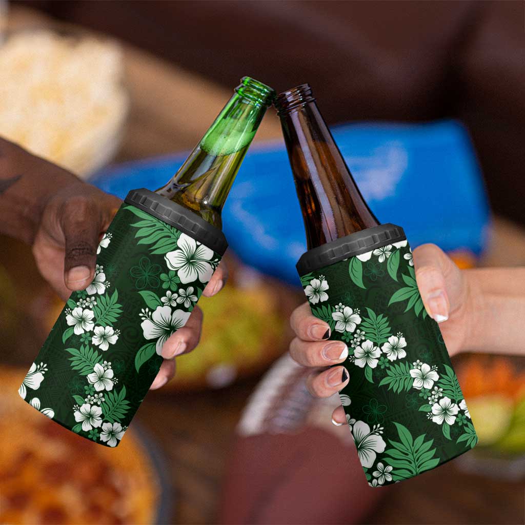 Hawaiian Hibiscus Tribal Floral Green 4 in 1 Can Cooler Tumbler Polynesian Tapa Pattern - Polynesian Pride