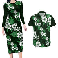 Hawaiian Hibiscus Tribal Floral Green Couples Matching Long Sleeve Bodycon Dress and Hawaiian Shirt Polynesian Tapa Pattern - Polynesian Pride