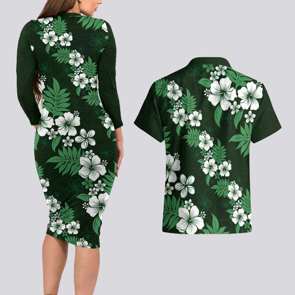 Hawaiian Hibiscus Tribal Floral Green Couples Matching Long Sleeve Bodycon Dress and Hawaiian Shirt Polynesian Tapa Pattern - Polynesian Pride