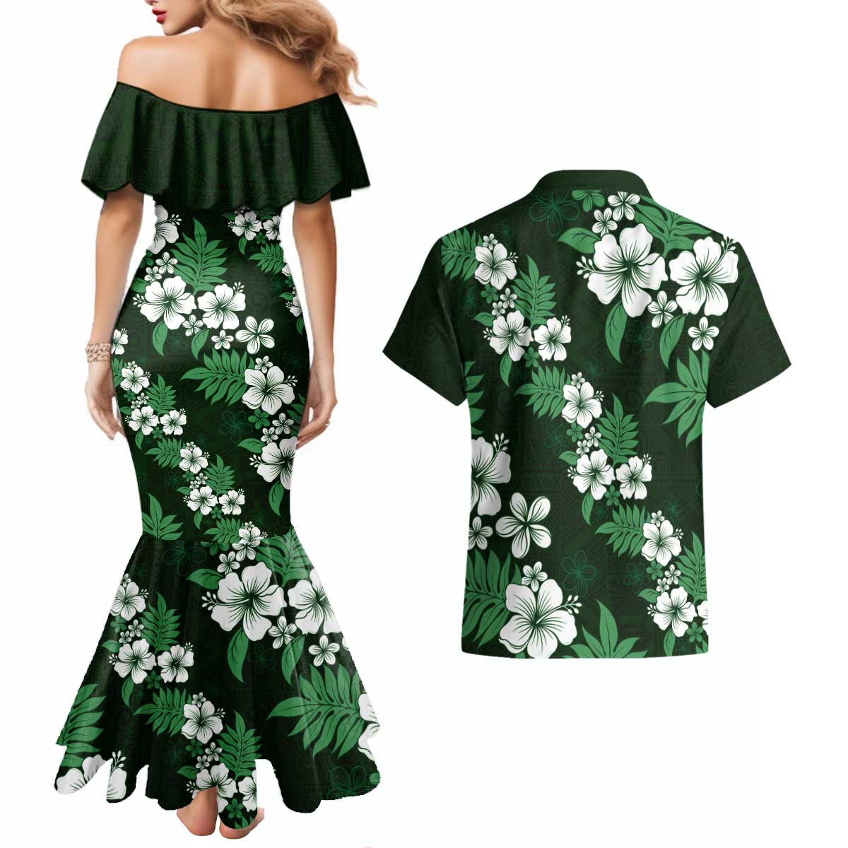 Hawaiian Hibiscus Tribal Floral Green Couples Matching Mermaid Dress and Hawaiian Shirt Polynesian Tapa Pattern - Polynesian Pride