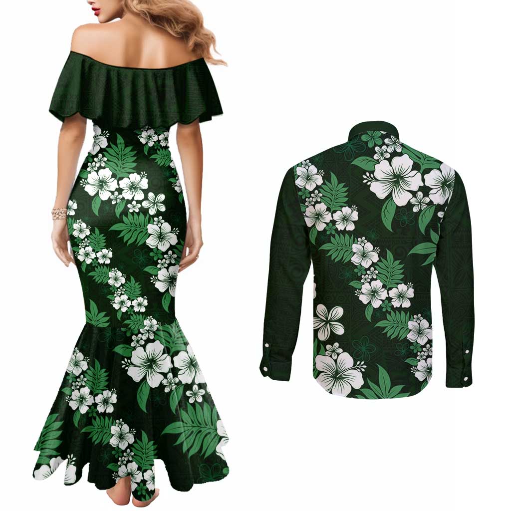 Hawaiian Hibiscus Tribal Floral Green Couples Matching Mermaid Dress and Long Sleeve Button Shirt Polynesian Tapa Pattern - Polynesian Pride
