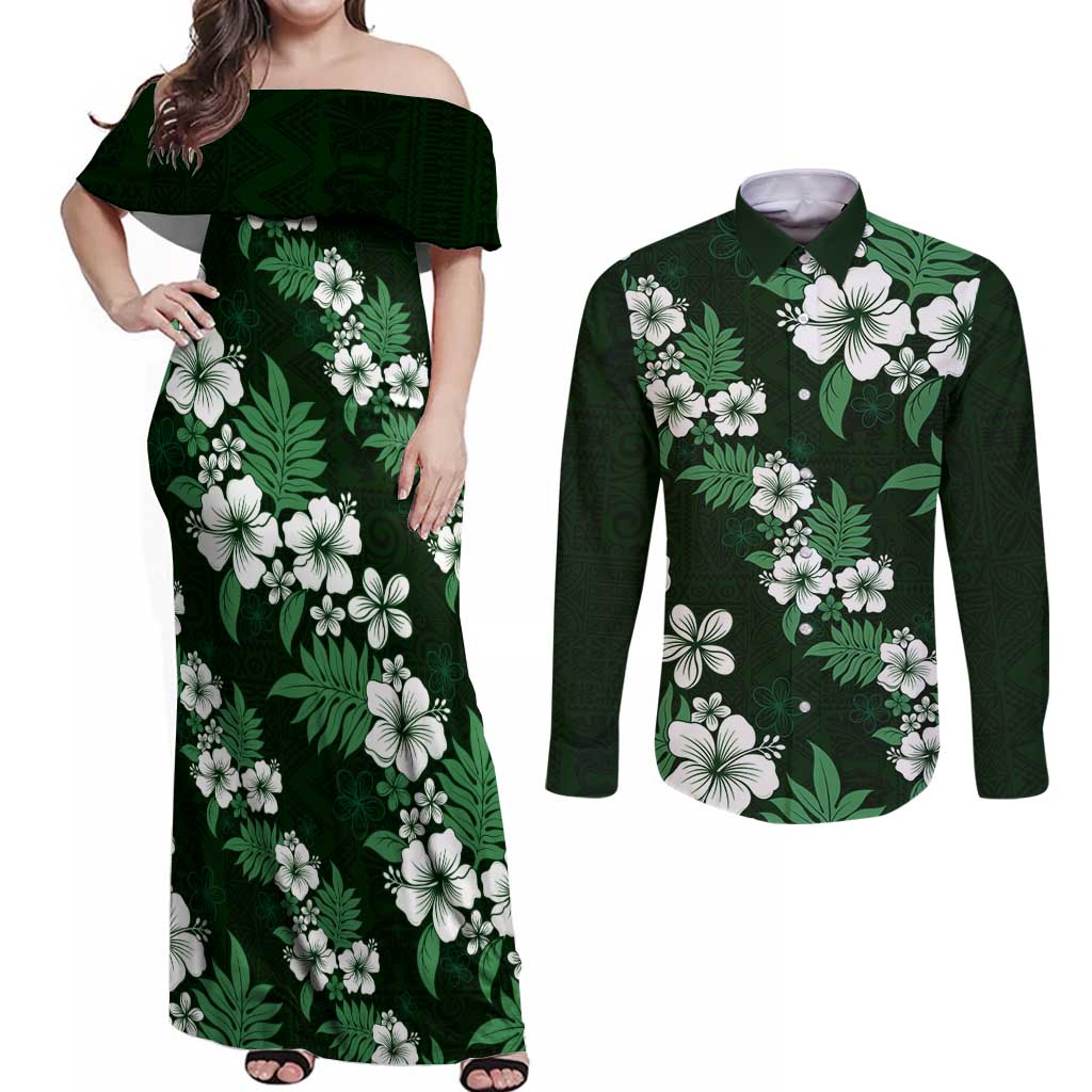 Hawaiian Hibiscus Tribal Floral Green Couples Matching Off Shoulder Maxi Dress and Long Sleeve Button Shirt Polynesian Tapa Pattern - Polynesian Pride