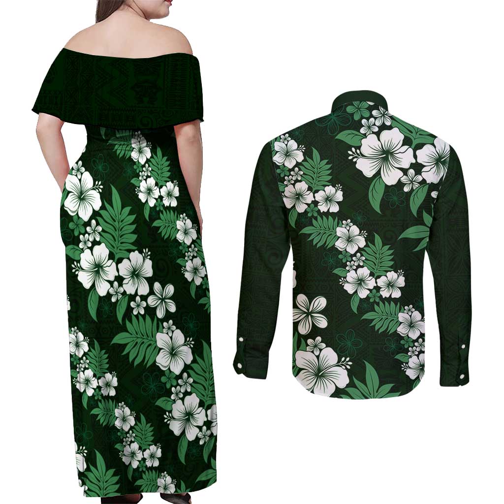 Hawaiian Hibiscus Tribal Floral Green Couples Matching Off Shoulder Maxi Dress and Long Sleeve Button Shirt Polynesian Tapa Pattern - Polynesian Pride
