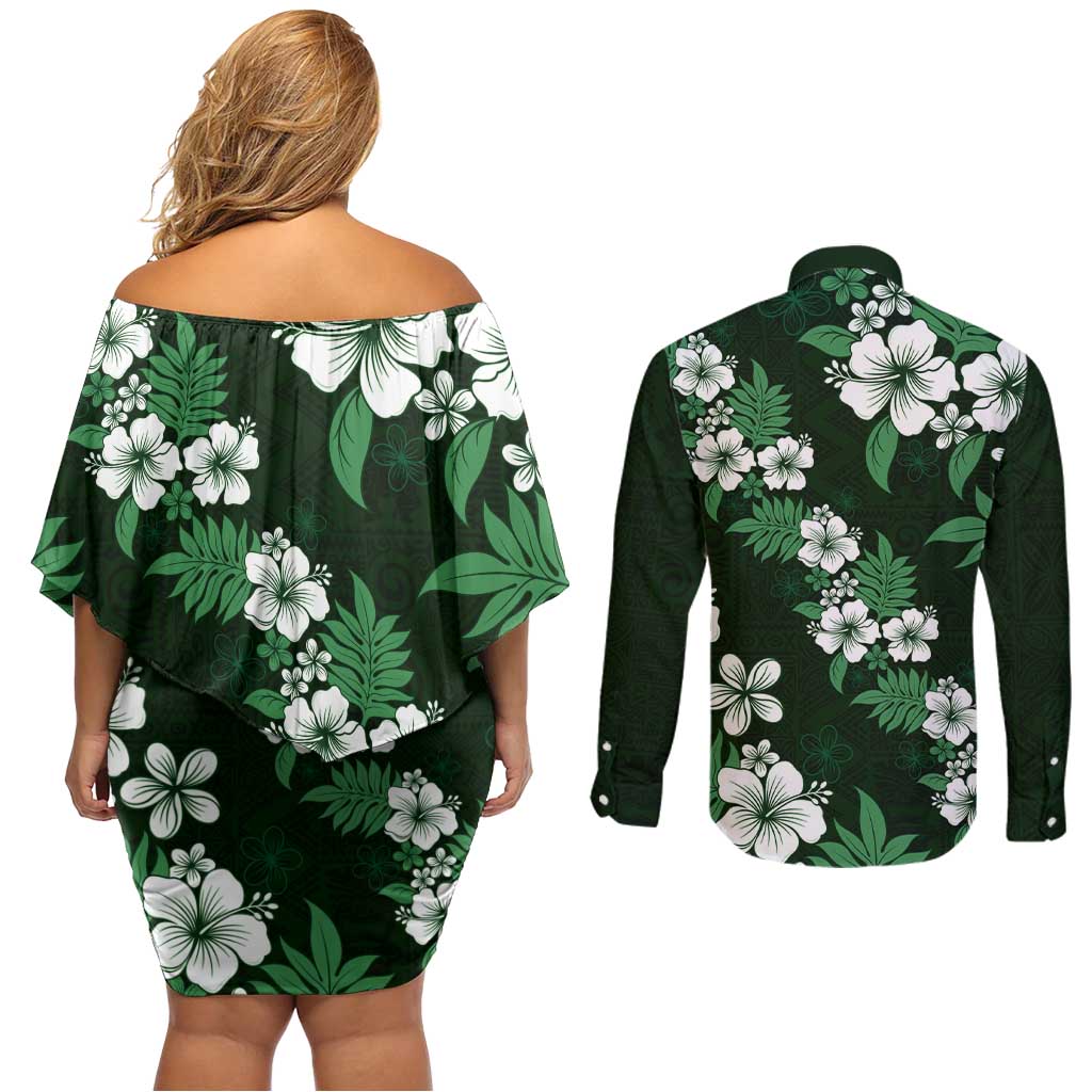 Hawaiian Hibiscus Tribal Floral Green Couples Matching Off Shoulder Short Dress and Long Sleeve Button Shirt Polynesian Tapa Pattern - Polynesian Pride