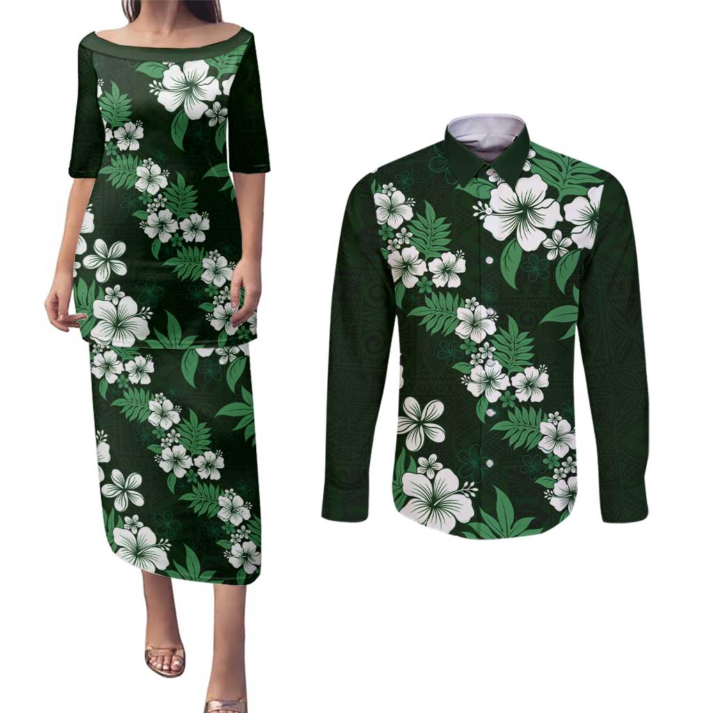 Hawaiian Hibiscus Tribal Floral Green Couples Matching Puletasi and Long Sleeve Button Shirt Polynesian Tapa Pattern - Polynesian Pride