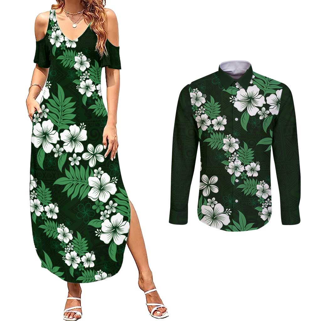 Hawaiian Hibiscus Tribal Floral Green Couples Matching Summer Maxi Dress and Long Sleeve Button Shirt Polynesian Tapa Pattern - Polynesian Pride