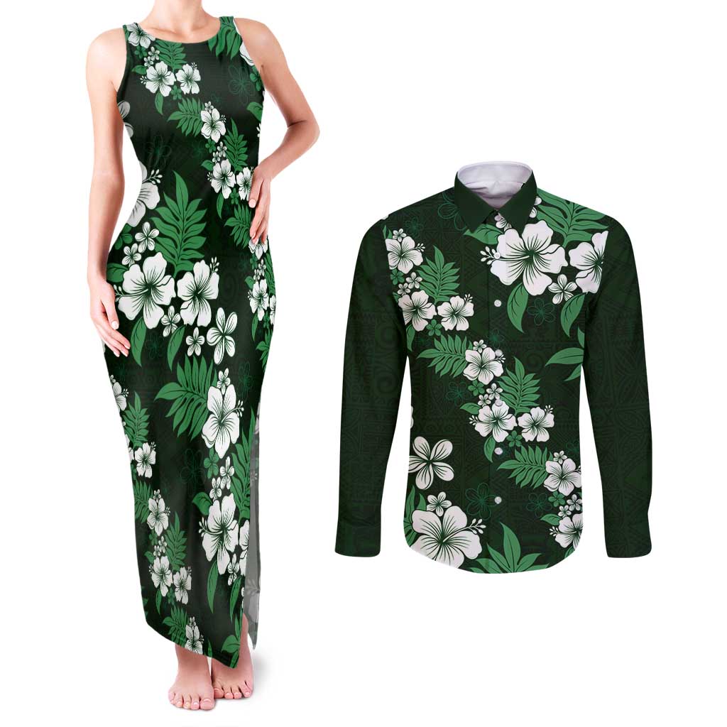 Hawaiian Hibiscus Tribal Floral Green Couples Matching Tank Maxi Dress and Long Sleeve Button Shirt Polynesian Tapa Pattern - Polynesian Pride