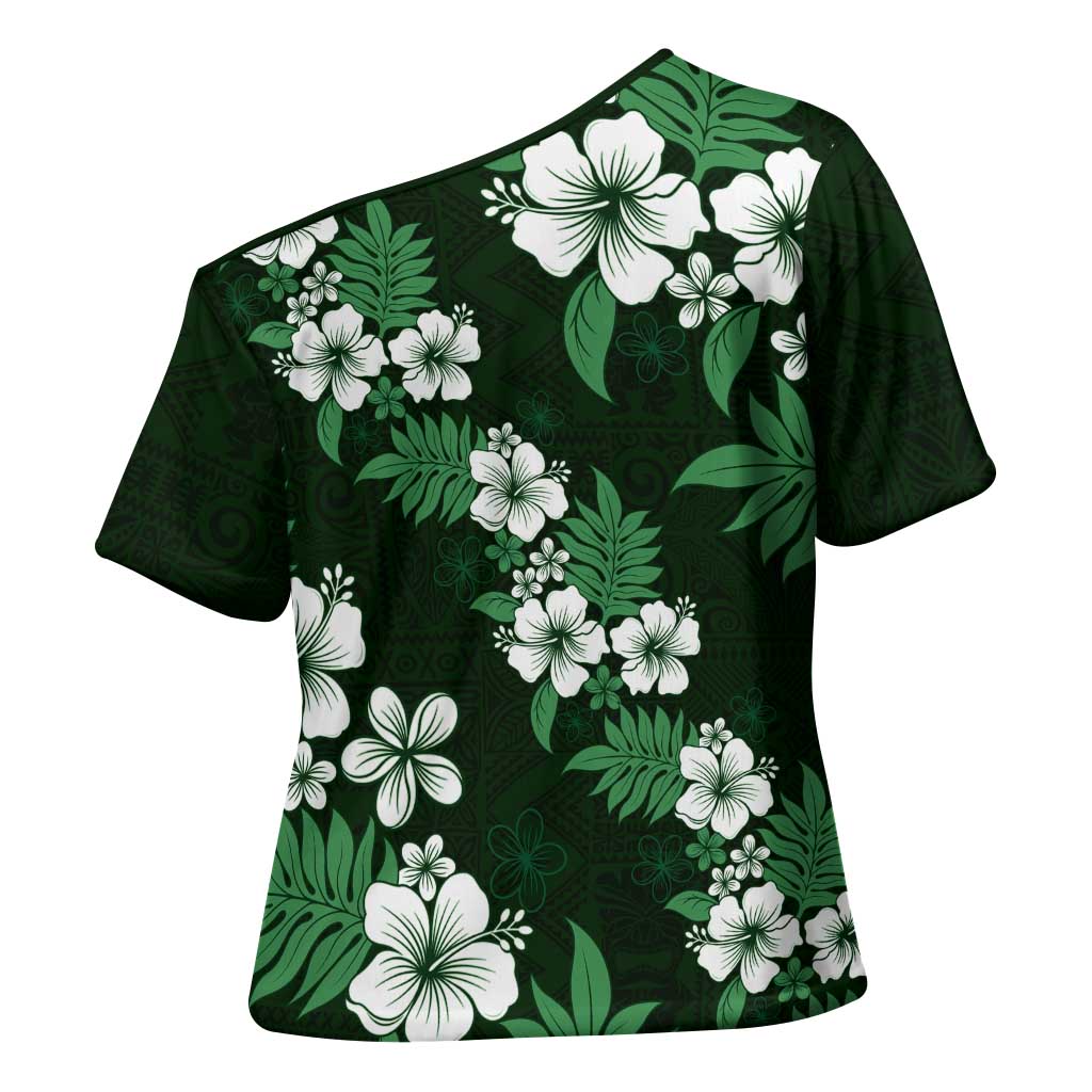 Hawaiian Hibiscus Tribal Floral Green Cross Shoulder Shirt Polynesian Tapa Pattern - Polynesian Pride