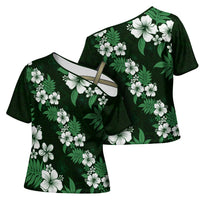 Hawaiian Hibiscus Tribal Floral Green Cross Shoulder Shirt Polynesian Tapa Pattern - Polynesian Pride