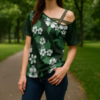 Hawaiian Hibiscus Tribal Floral Green Cross Shoulder Shirt Polynesian Tapa Pattern - Polynesian Pride