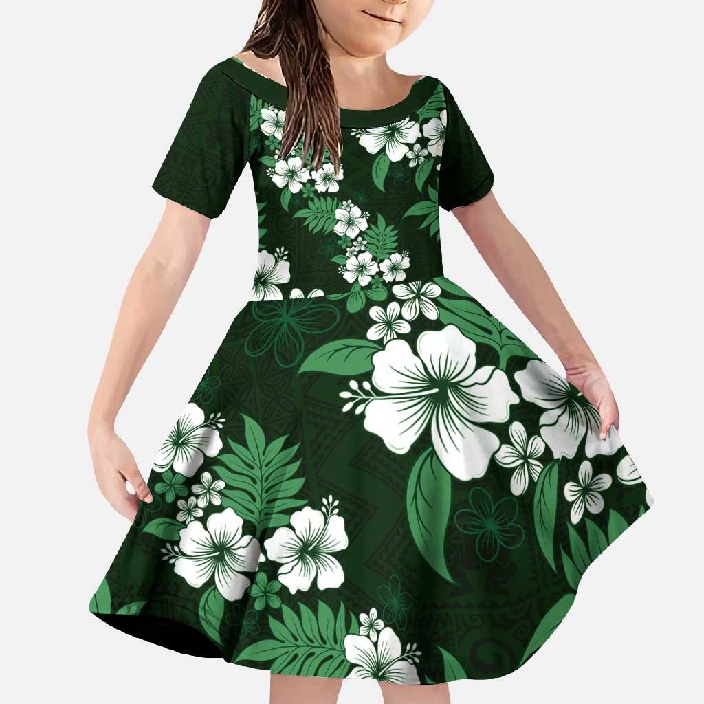 Hawaiian Hibiscus Tribal Floral Green Family Matching Long Sleeve Bodycon Dress and Hawaiian Shirt Polynesian Tapa Pattern LT01 Daughter's Dress Green - Polynesian Pride