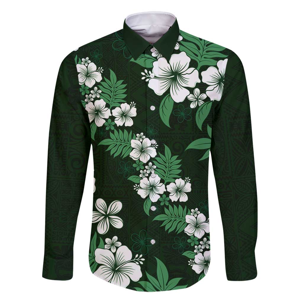 Hawaiian Hibiscus Tribal Floral Green Family Matching Long Sleeve Bodycon Dress and Hawaiian Shirt Polynesian Tapa Pattern LT01 Dad's Shirt - Long Sleeve Green - Polynesian Pride