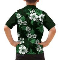 Hawaiian Hibiscus Tribal Floral Green Family Matching Off The Shoulder Long Sleeve Dress and Hawaiian Shirt Polynesian Tapa Pattern LT01 - Polynesian Pride