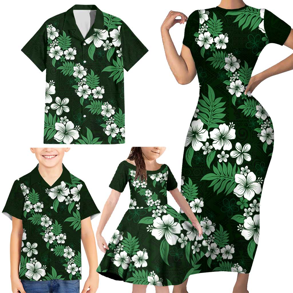 Hawaiian Hibiscus Tribal Floral Green Family Matching Short Sleeve Bodycon Dress and Hawaiian Shirt Polynesian Tapa Pattern LT01 - Polynesian Pride