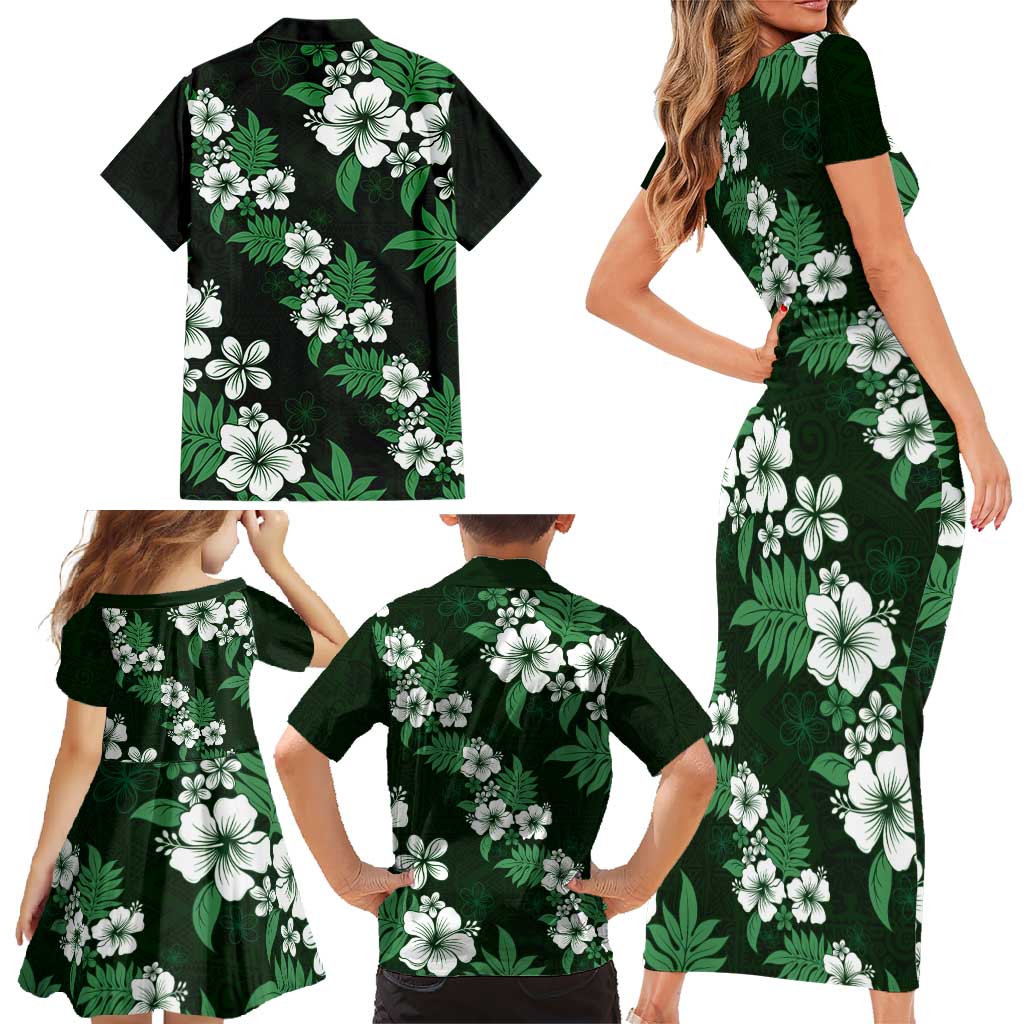 Hawaiian Hibiscus Tribal Floral Green Family Matching Short Sleeve Bodycon Dress and Hawaiian Shirt Polynesian Tapa Pattern LT01 - Polynesian Pride