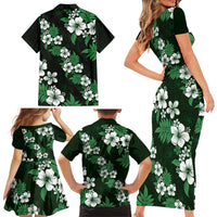 Hawaiian Hibiscus Tribal Floral Green Family Matching Short Sleeve Bodycon Dress and Hawaiian Shirt Polynesian Tapa Pattern LT01 - Polynesian Pride