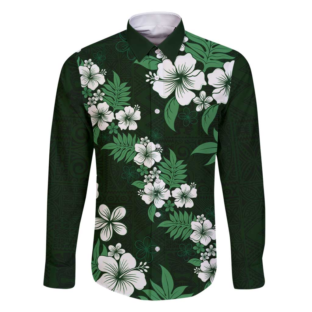 Hawaiian Hibiscus Tribal Floral Green Family Matching Short Sleeve Bodycon Dress and Hawaiian Shirt Polynesian Tapa Pattern LT01 Dad's Shirt - Long Sleeve Green - Polynesian Pride