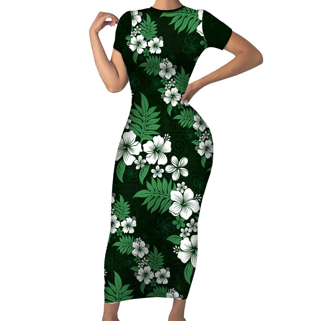 Hawaiian Hibiscus Tribal Floral Green Family Matching Short Sleeve Bodycon Dress and Hawaiian Shirt Polynesian Tapa Pattern LT01 Mom's Dress Green - Polynesian Pride