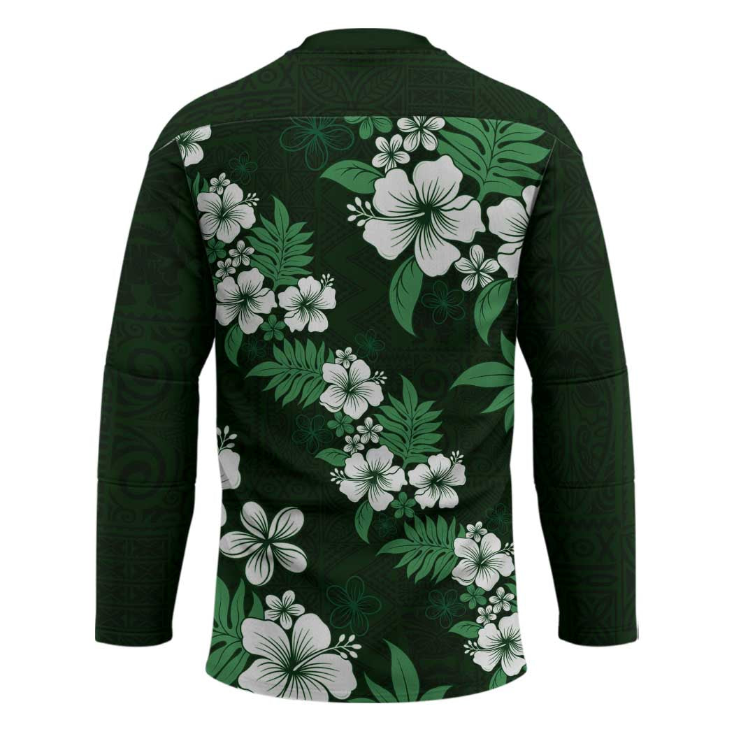 Hawaiian Hibiscus Tribal Floral Green Hockey Jersey Polynesian Tapa Pattern - Polynesian Pride