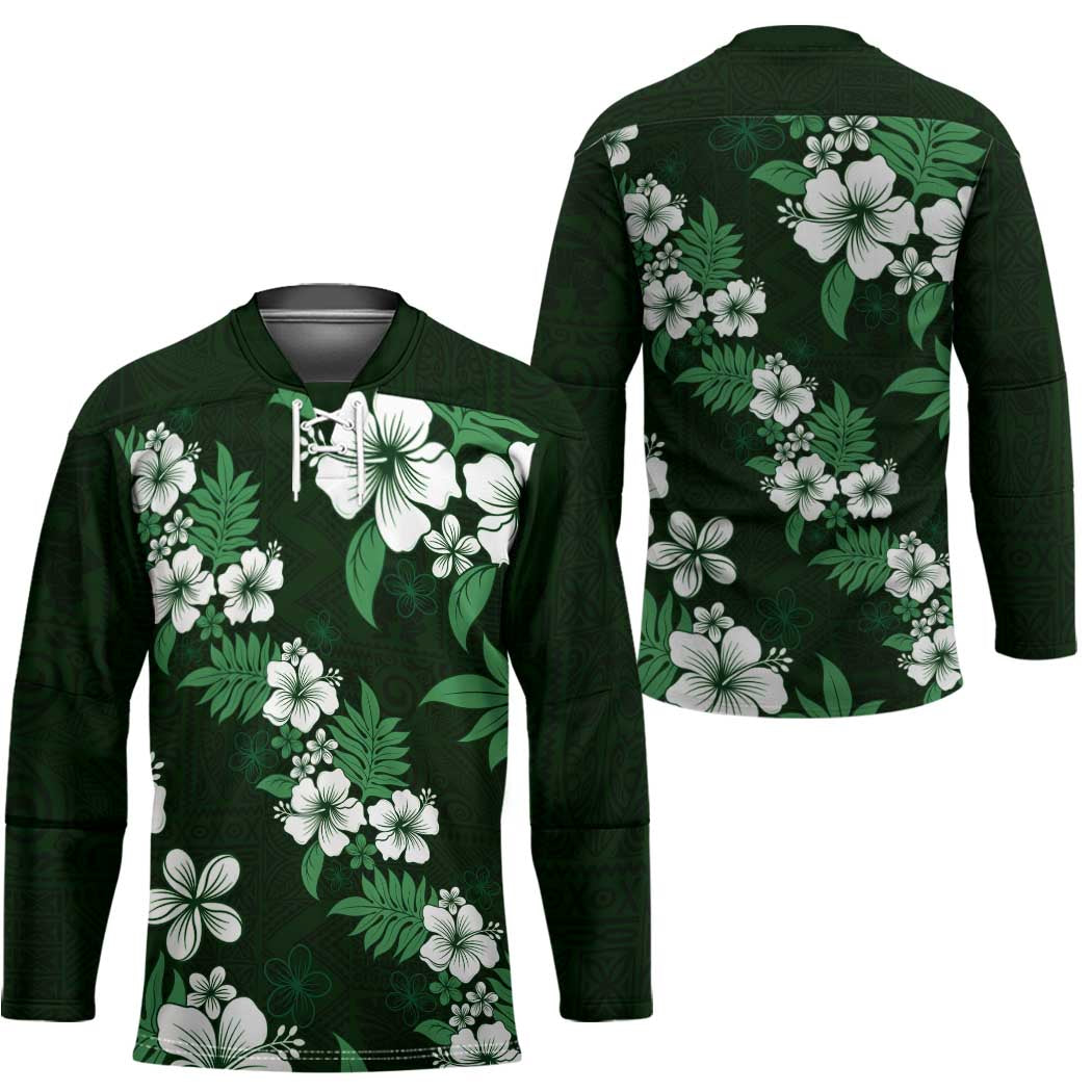 Hawaiian Hibiscus Tribal Floral Green Hockey Jersey Polynesian Tapa Pattern - Polynesian Pride
