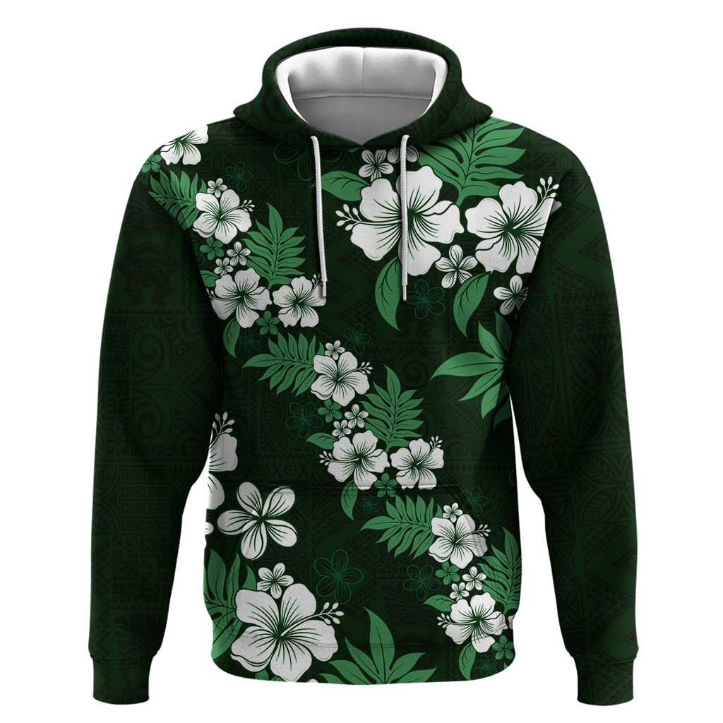 Hawaiian Hibiscus Tribal Floral Green Hoodie Polynesian Tapa Pattern - Polynesian Pride