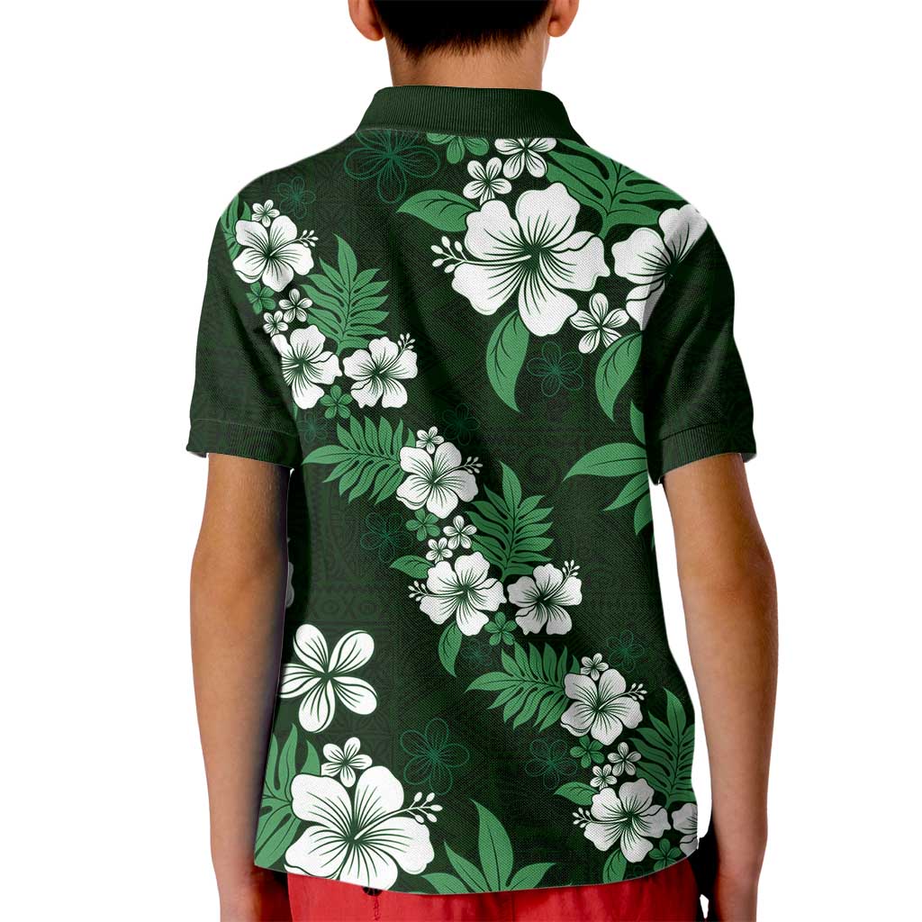Hawaiian Hibiscus Tribal Floral Green Kid Polo Shirt Polynesian Tapa Pattern - Polynesian Pride