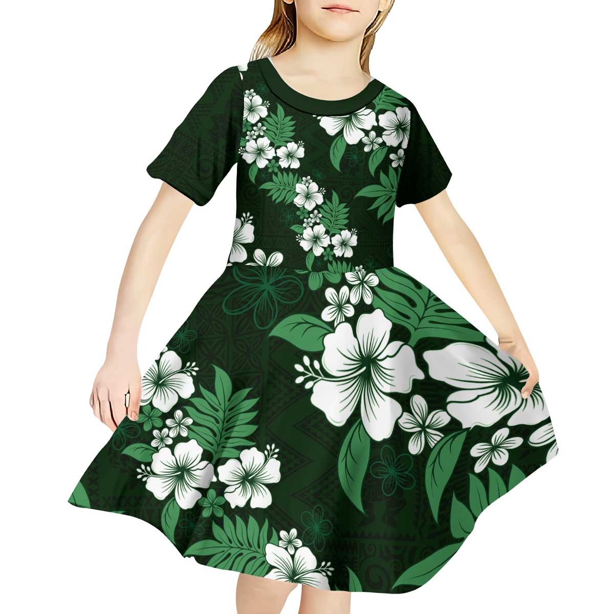 Hawaiian Hibiscus Tribal Floral Green Kid Short Sleeve Dress Polynesian Tapa Pattern - Polynesian Pride