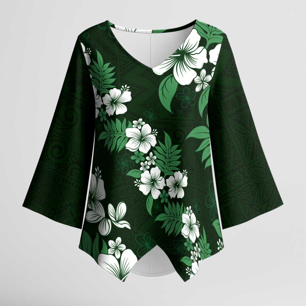 Hawaiian Hibiscus Tribal Floral Green Kimono Sleeve Blouse Polynesian Tapa Pattern - Polynesian Pride