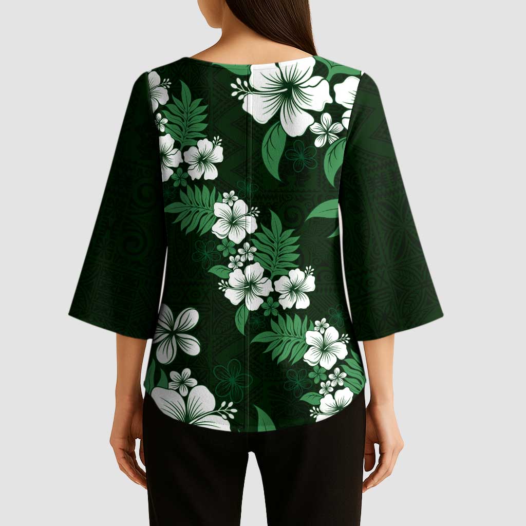 Hawaiian Hibiscus Tribal Floral Green Kimono Sleeve Blouse Polynesian Tapa Pattern - Polynesian Pride