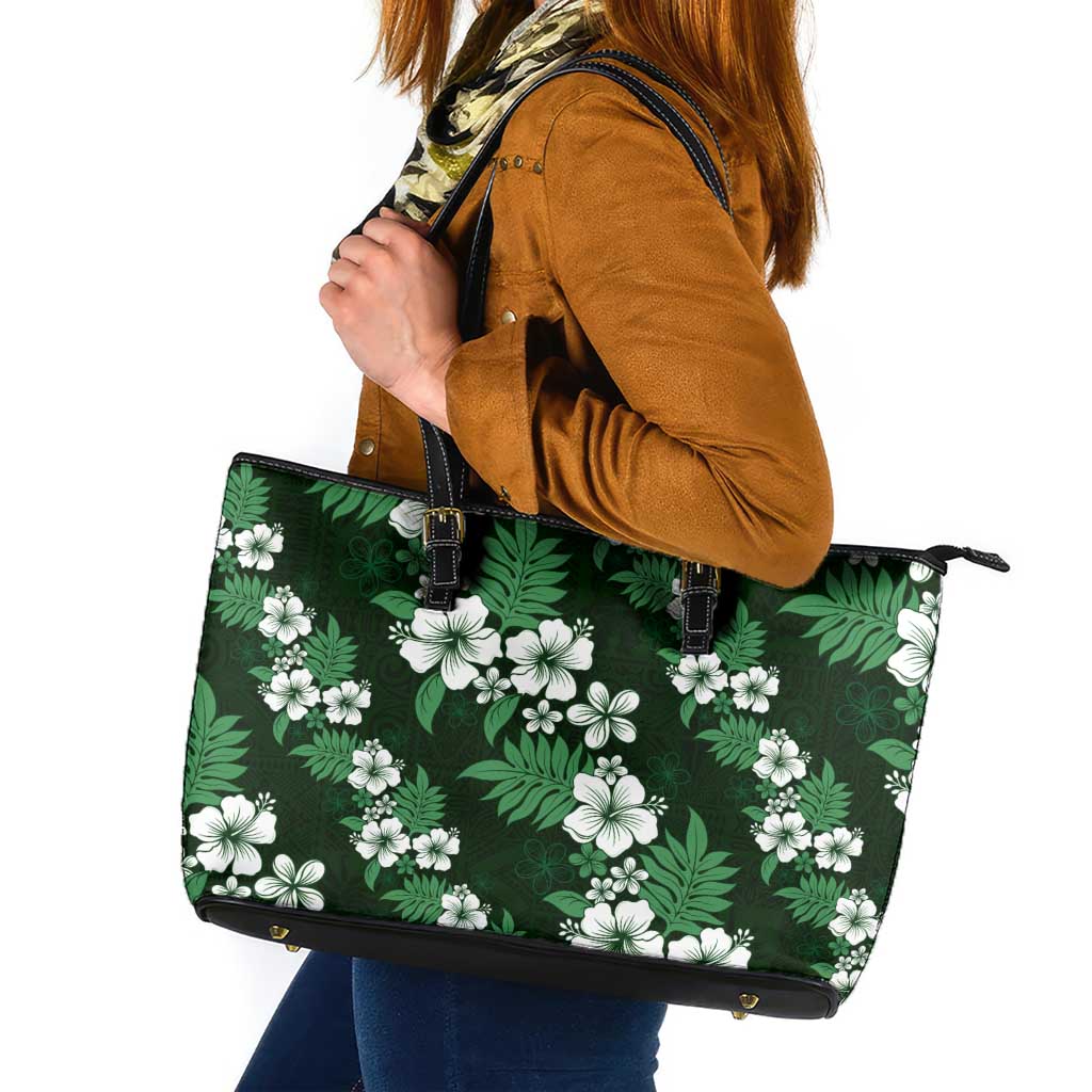 Hawaiian Hibiscus Tribal Floral Green Leather Tote Bag Polynesian Tapa Pattern - Polynesian Pride