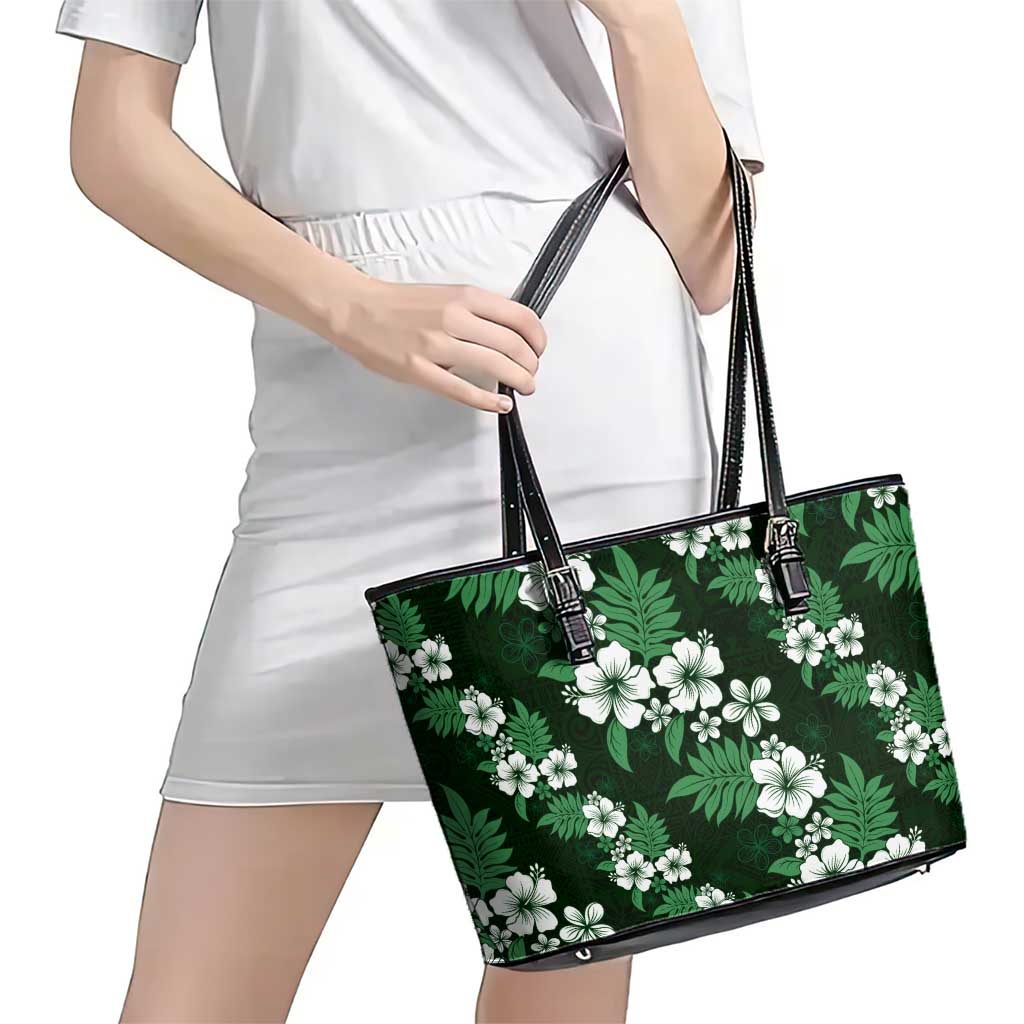 Hawaiian Hibiscus Tribal Floral Green Leather Tote Bag Polynesian Tapa Pattern - Polynesian Pride