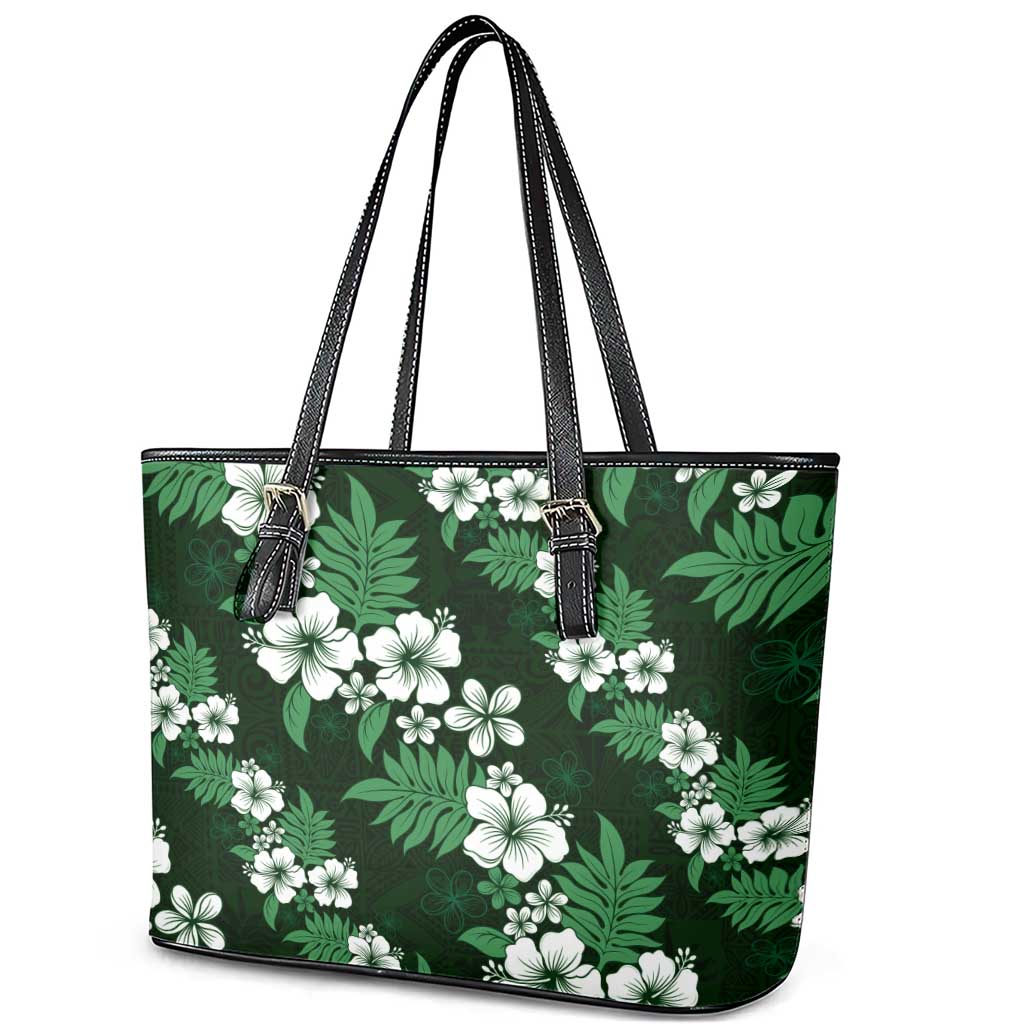 Hawaiian Hibiscus Tribal Floral Green Leather Tote Bag Polynesian Tapa Pattern - Polynesian Pride